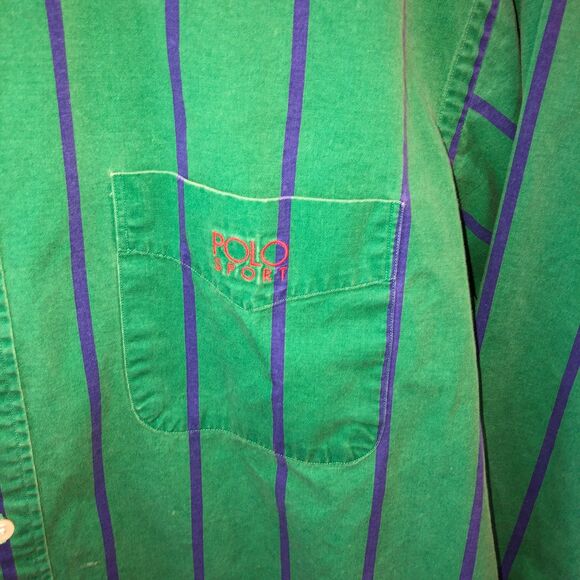 Vintage Ralph Lauren Polo Sport Mens XL Green Blue Striped Long Sleeve Shirt - Picture 4 of 12